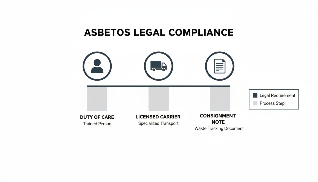 Asbestos legal compliance infographic showing duty of care, licensed transport, and waste tracking requirements.