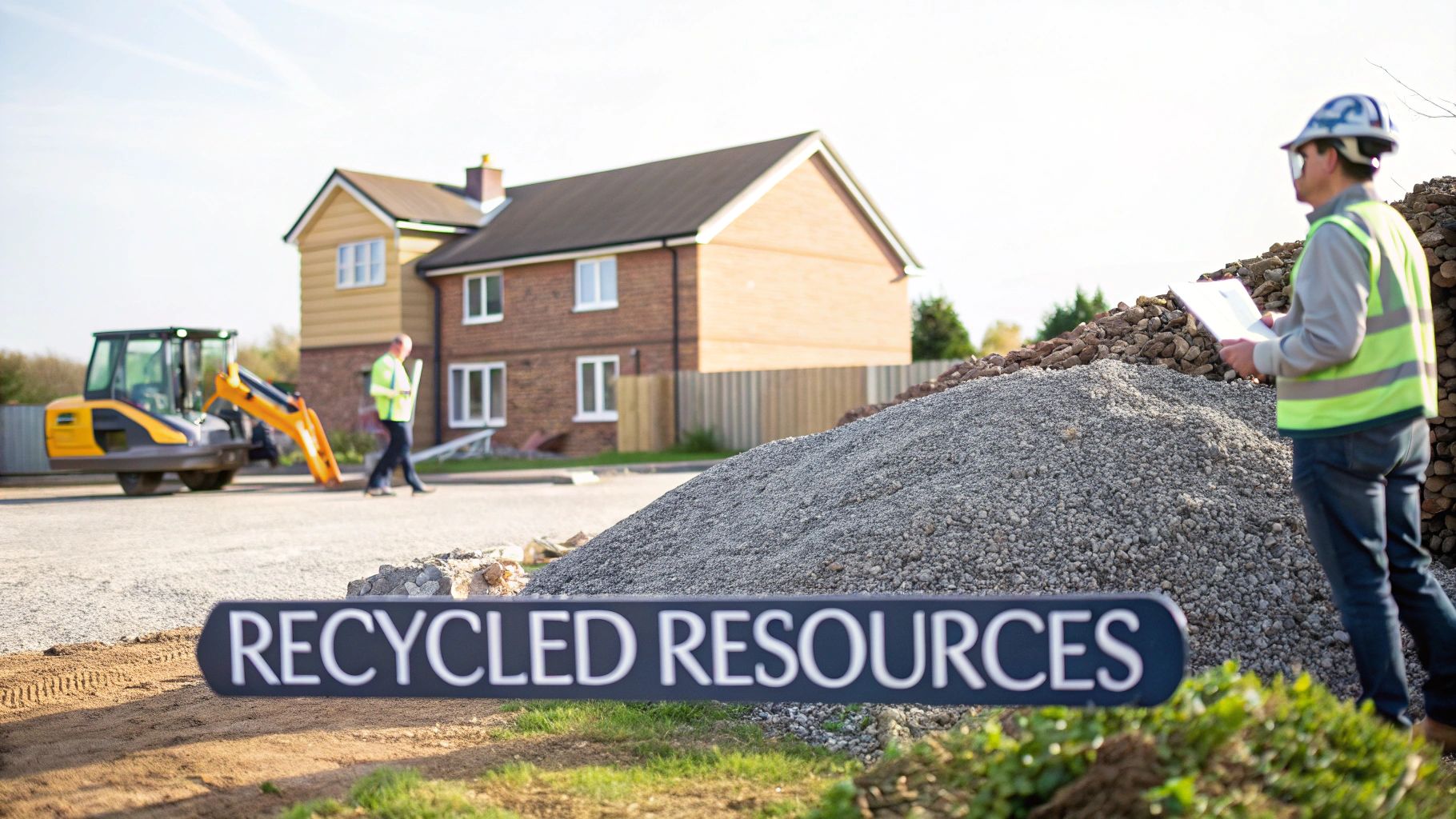 Construction site showing a 'RECYCLED RESOURCES' sign, piles of aggregate, and workers, highlighting sustainable building practices.