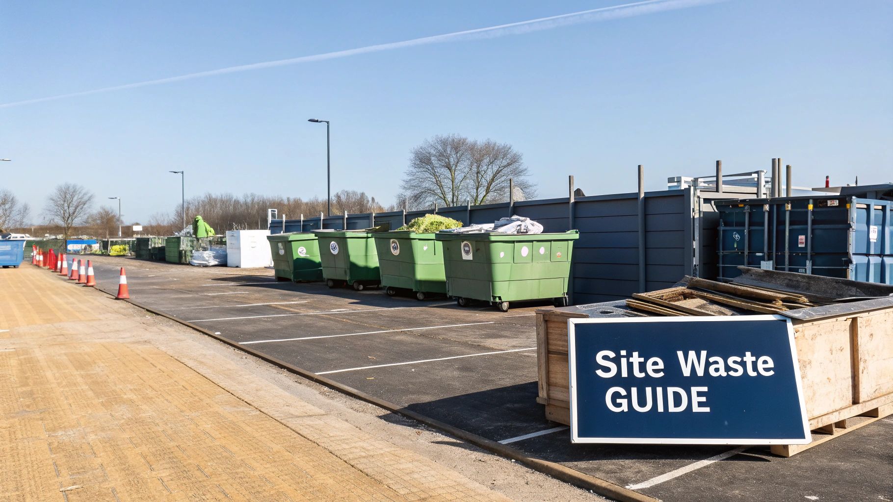 Construction site waste management area with green recycling bins and site waste guide sign