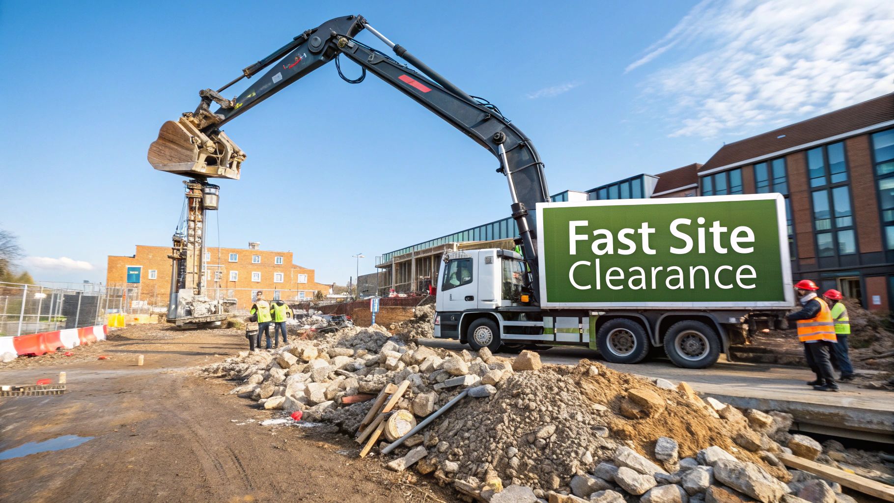 A grab lorry using its hydraulic arm to collect a large pile of construction waste from a site