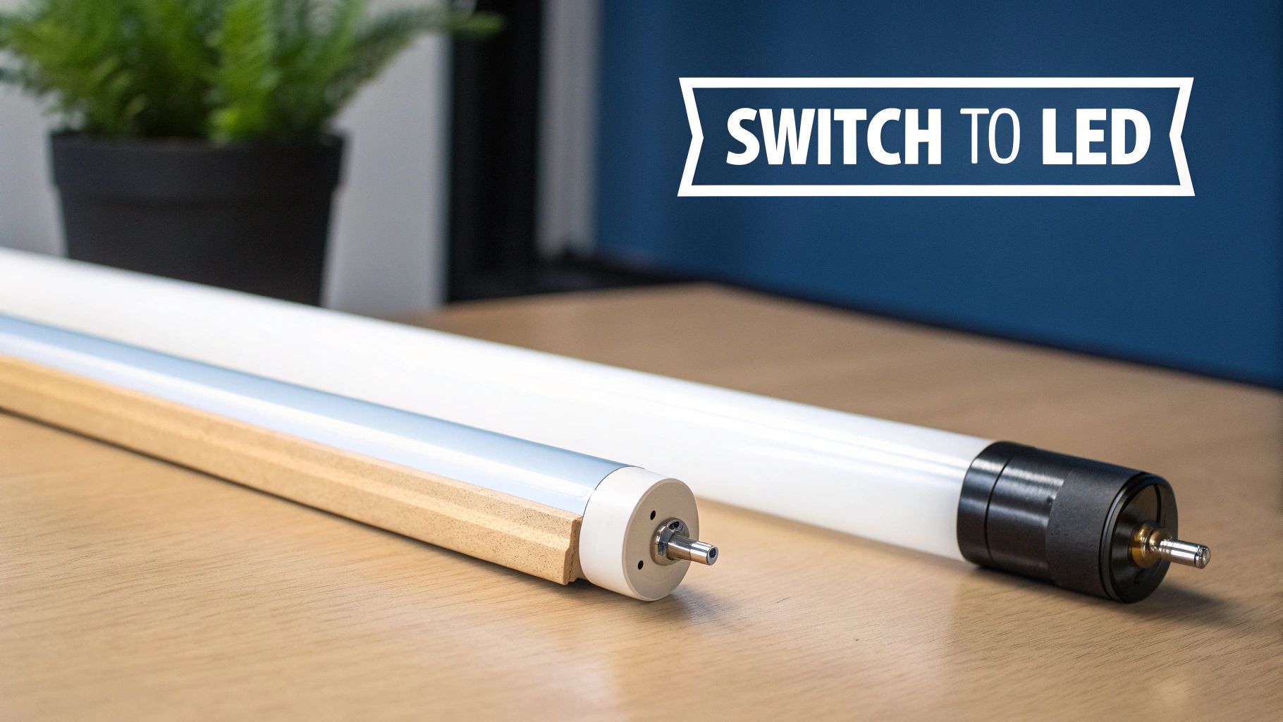 Two different light tubes, one LED and one traditional fluorescent, on a wooden table, encouraging a switch to LED.