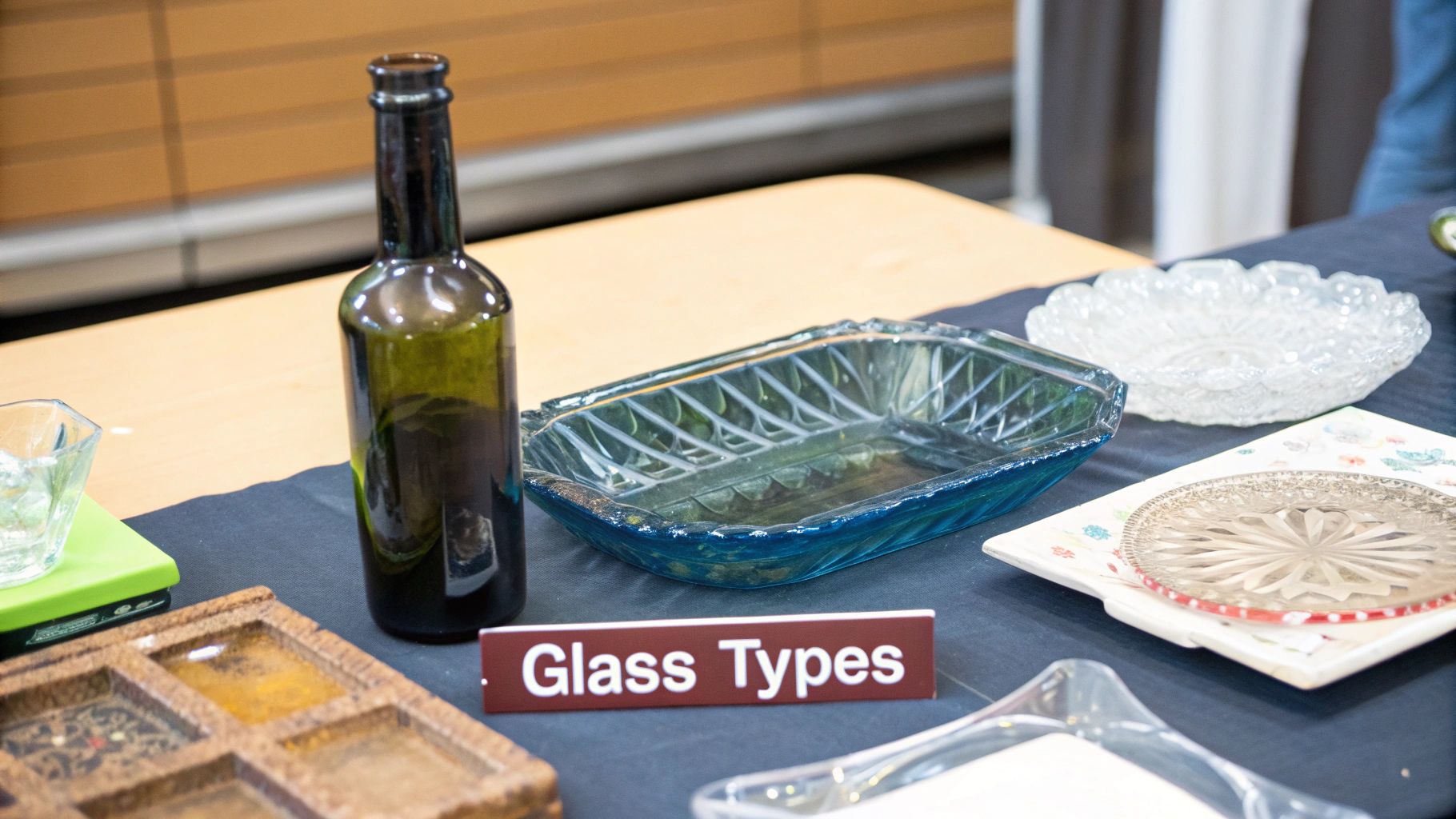 Different types of household glass items, including a drinking glass, a Pyrex dish, and a mirror, arranged on a table.