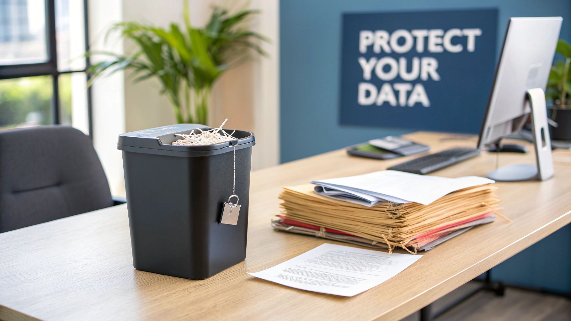 An office desk with a paper shredder full of shredded paper, files, and a 'PROTECT YOUR DATA' sign.