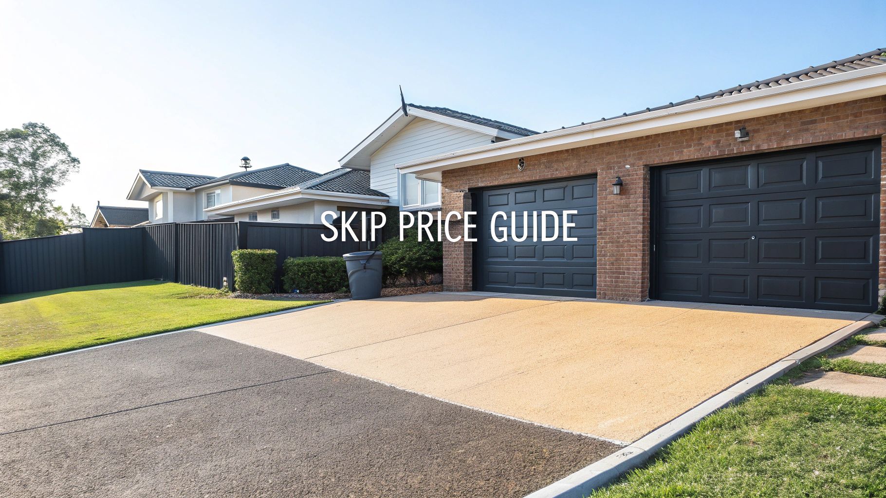 A modern suburban house with a two-car garage, brick facade, driveway, and green lawn.