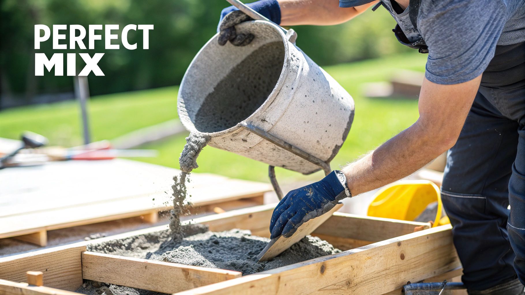 A person in blue gloves pours wet concrete from a bucket into a wooden form, labeled 'PERFECT MIX'.