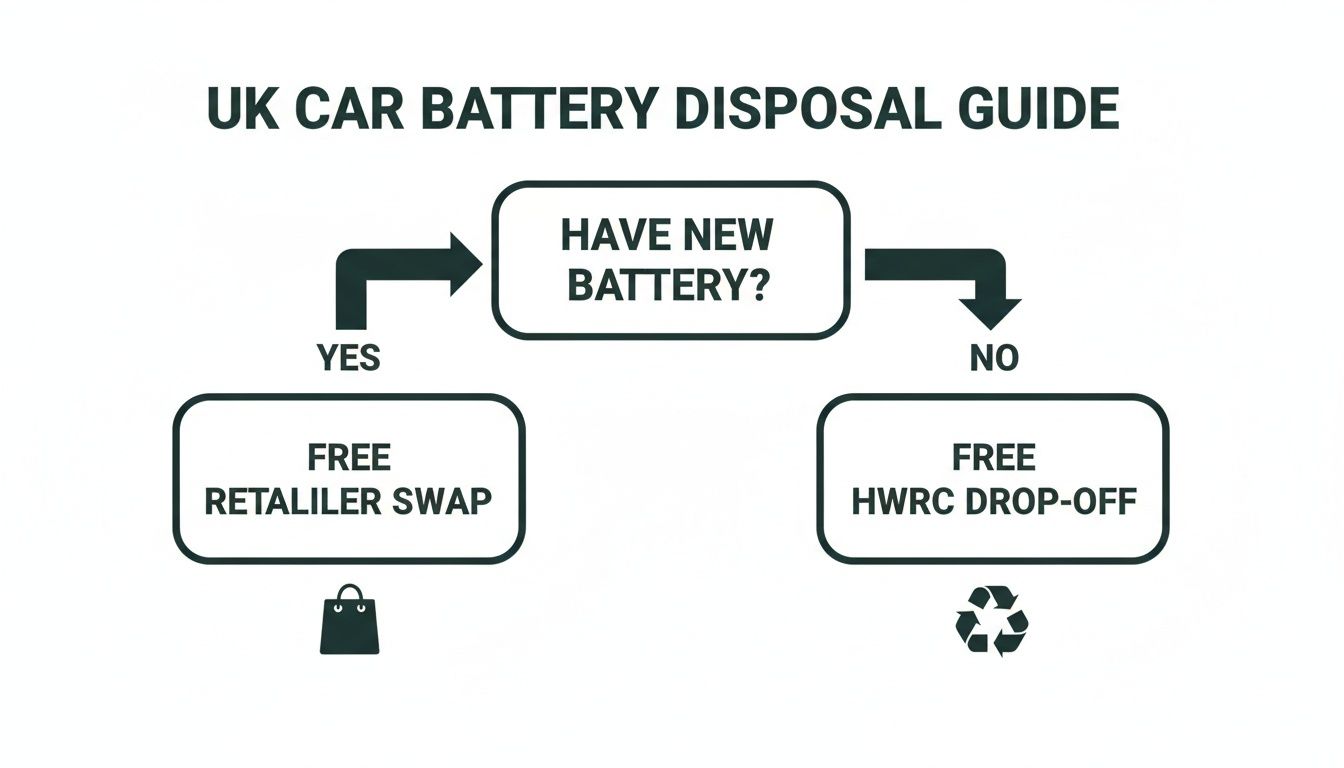Flowchart illustrating UK car battery disposal options: retailer swap if buying new, or HWRC drop-off.