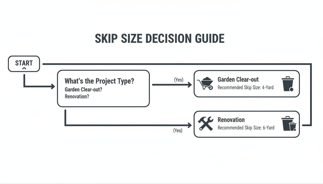 A skip size decision guide flowchart, recommending skip sizes for garden clear-outs and renovations.