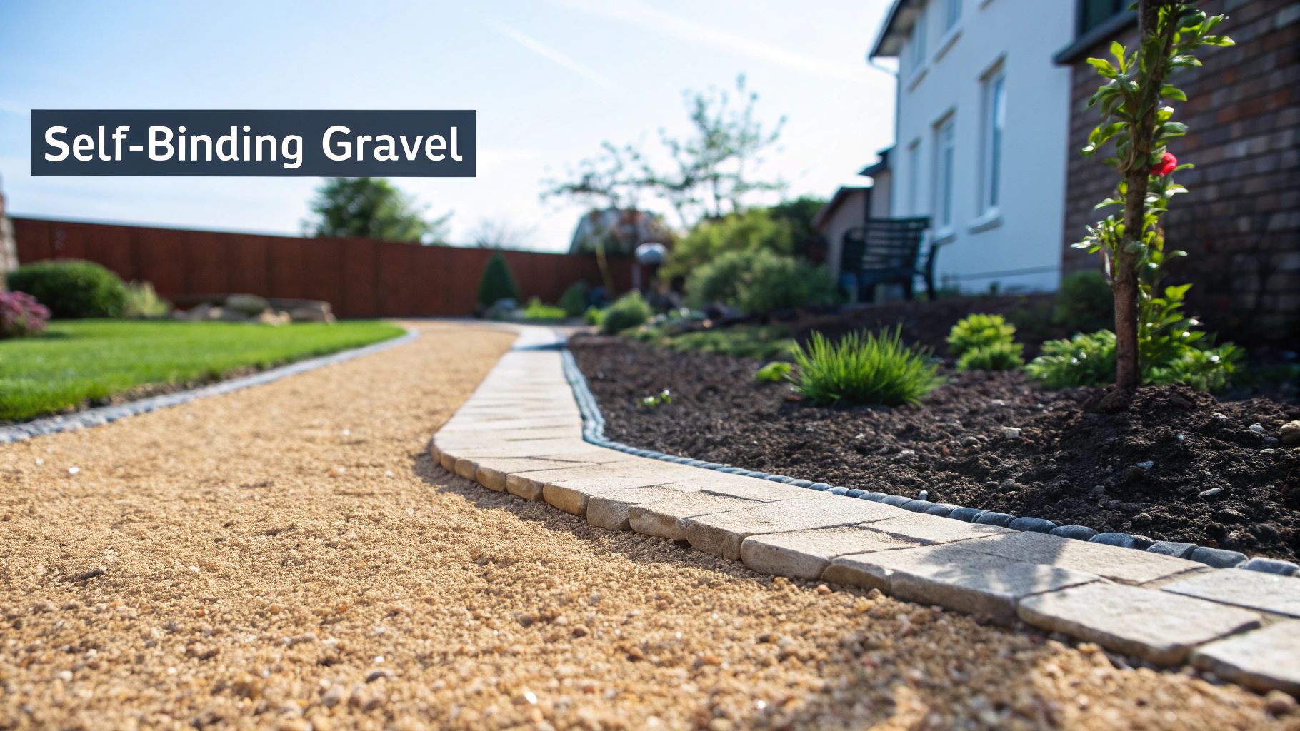 A finished self binding gravel pathway curving through a lush green garden