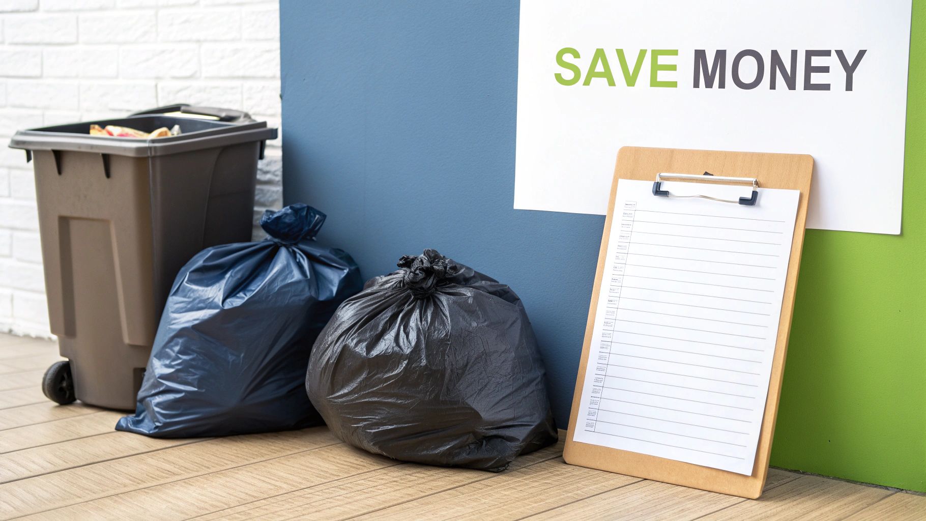 A brown trash bin, two garbage bags, and a "SAVE MONEY" sign with a clipboard.