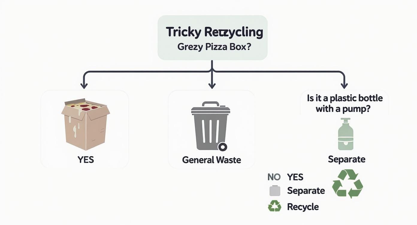 A flowchart explaining how to recycle tricky items like greasy pizza boxes and plastic bottles.