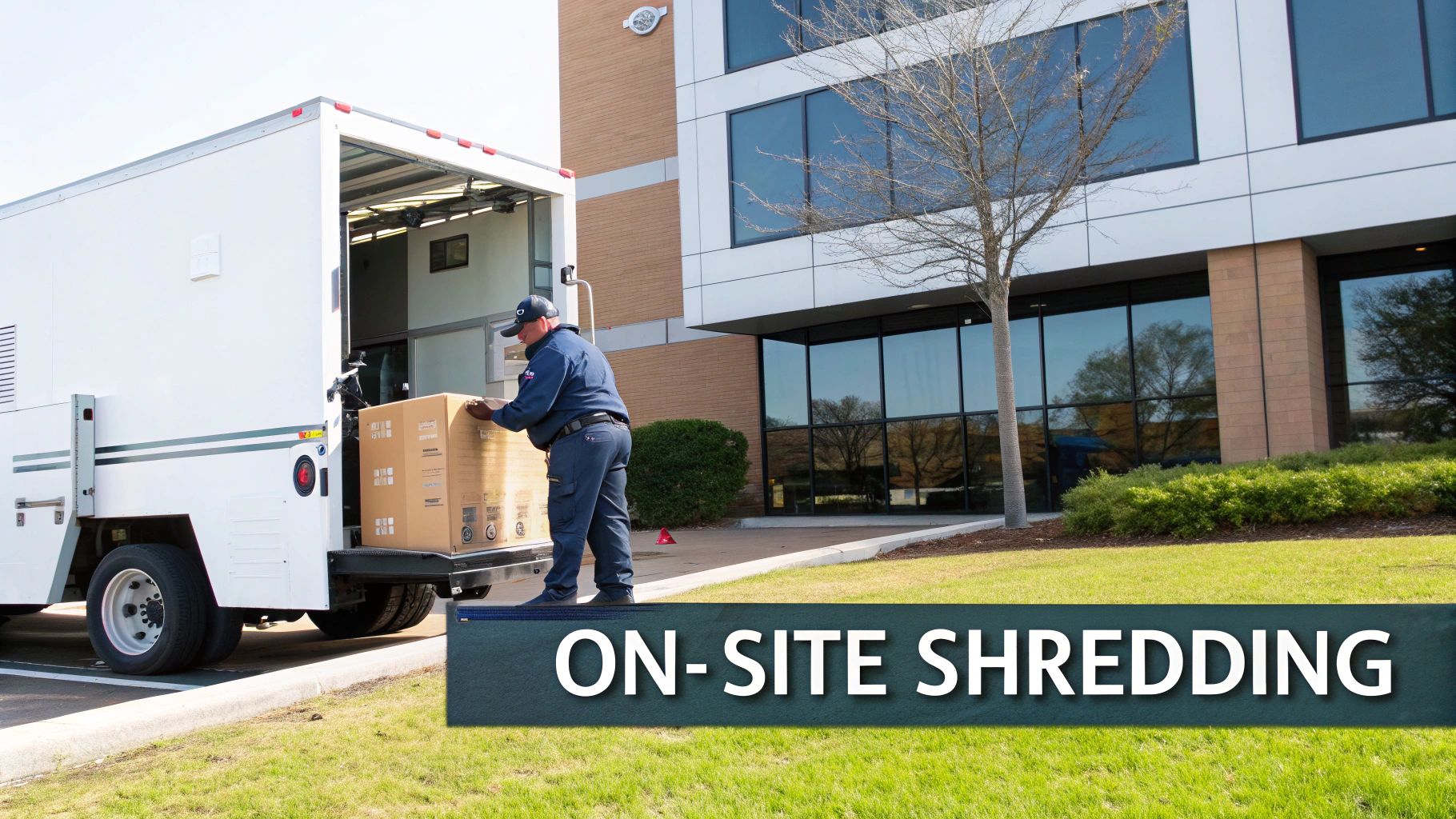 A uniformed worker loads a cardboard box into a mobile shredding truck parked outside an office building.