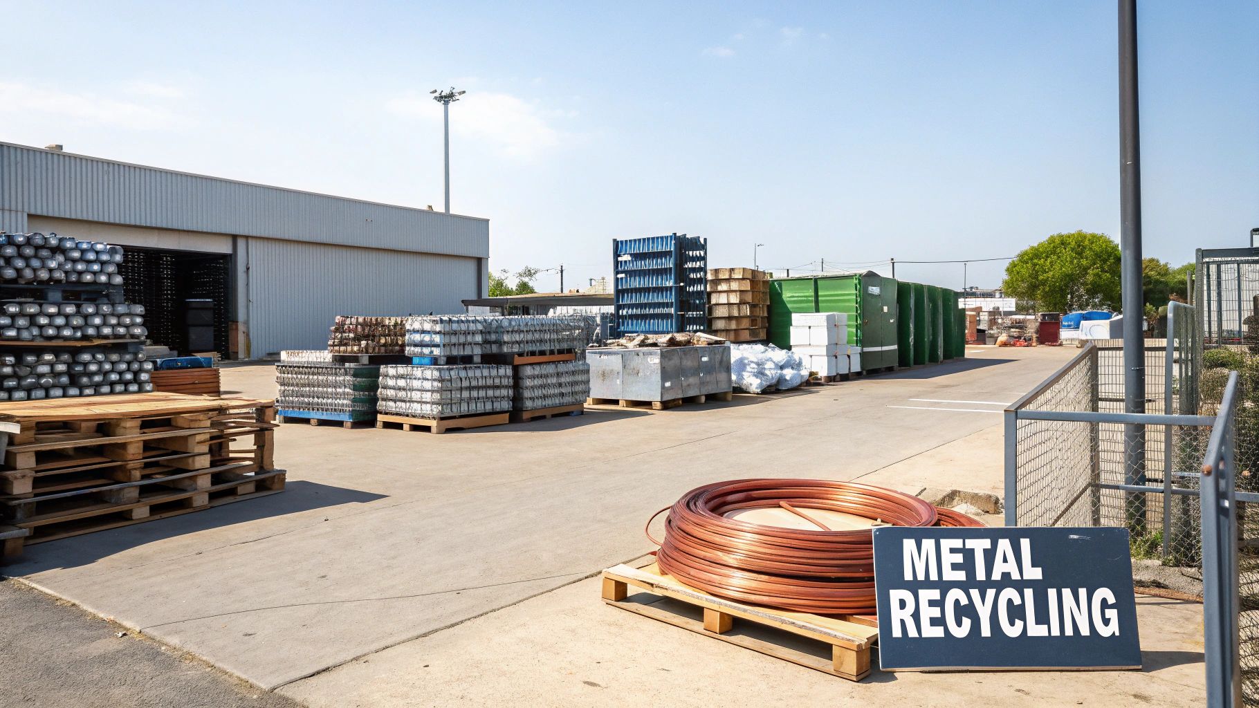 Various metal items, including copper coils and aluminum ingots, stacked on pallets for recycling outdoors.