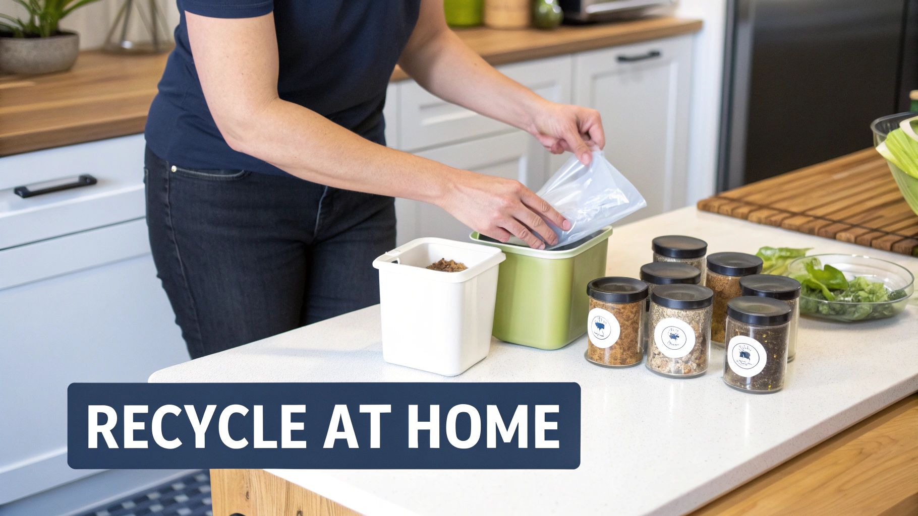 A person in a kitchen places food scraps into recycling bins, with jars of spices nearby.