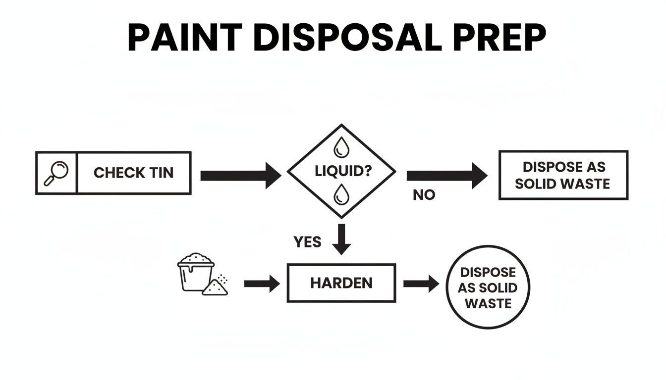 Flowchart guide for paint disposal, outlining steps to harden liquid paint for solid waste disposal.