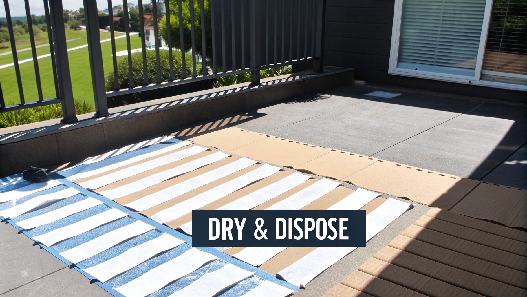 Strips of material laid out on a patio to dry in the sun, with a 'DRY & DISPOSE' text overlay.