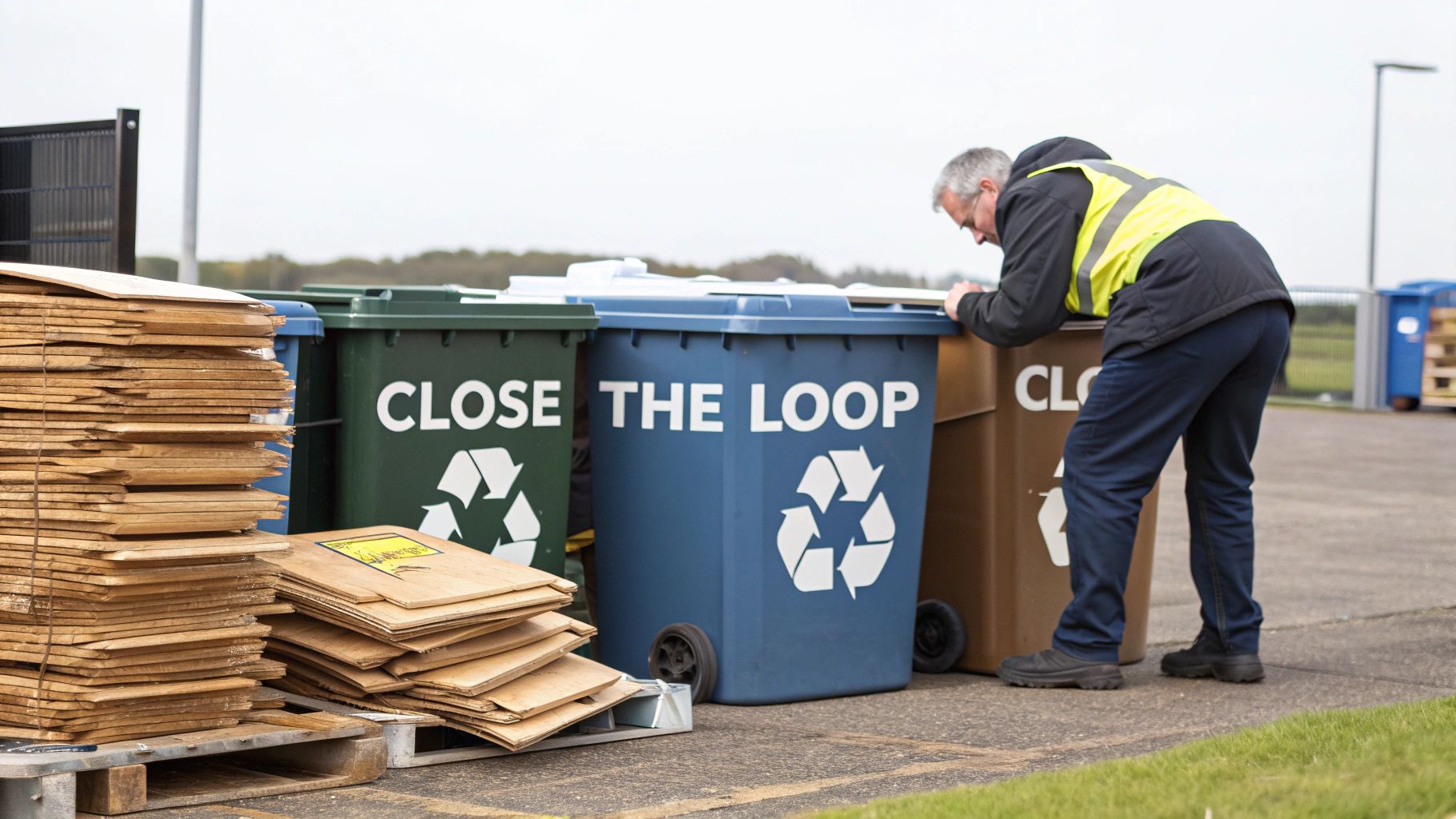 A construction site with neatly segregated waste bins for different materials like wood, metal, and rubble.