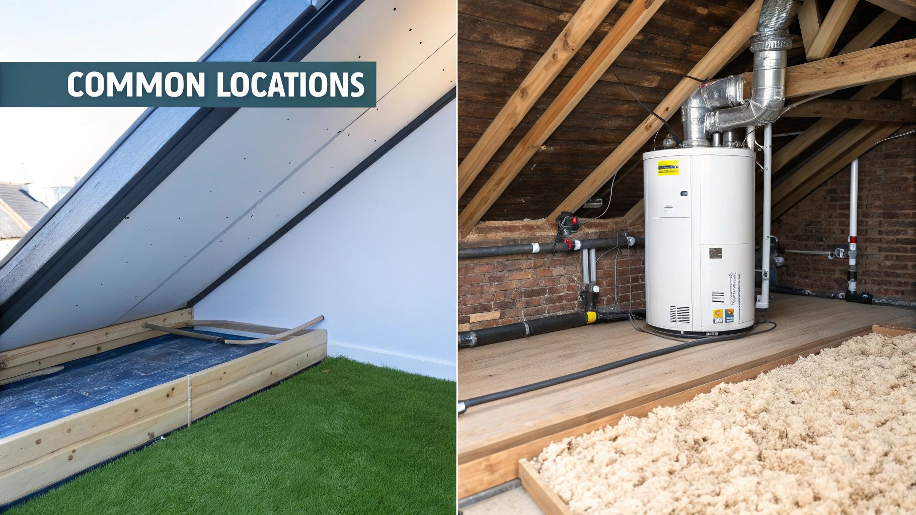 Common attic locations: a renovated space with a slanted ceiling and an unfinished attic with a water heater and loose-fill insulation.