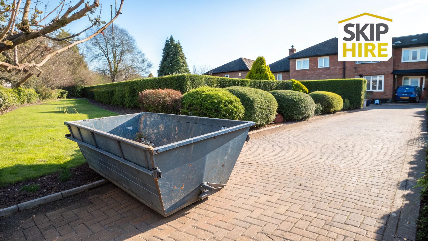 A bright yellow skip being delivered to a residential driveway for a garden clearance