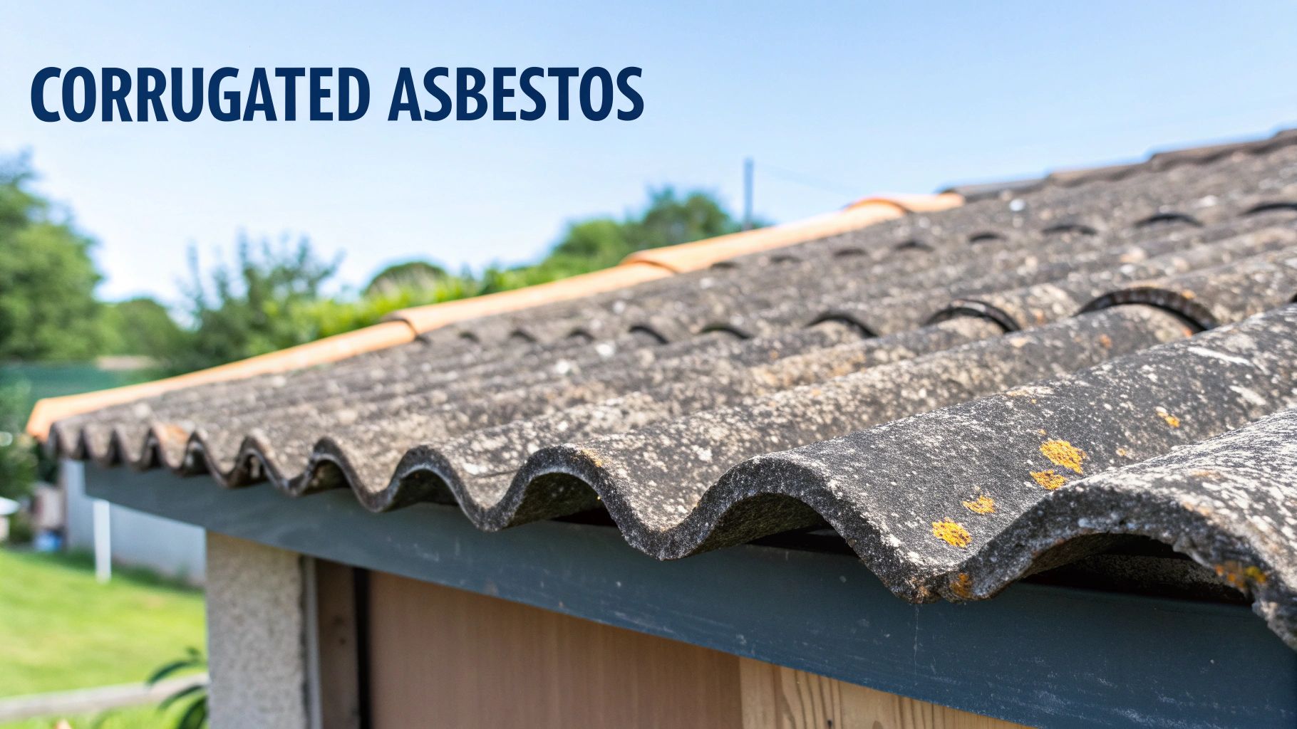 Close-up of old corrugated asbestos roofing with visible wear and lichen under a clear sky.