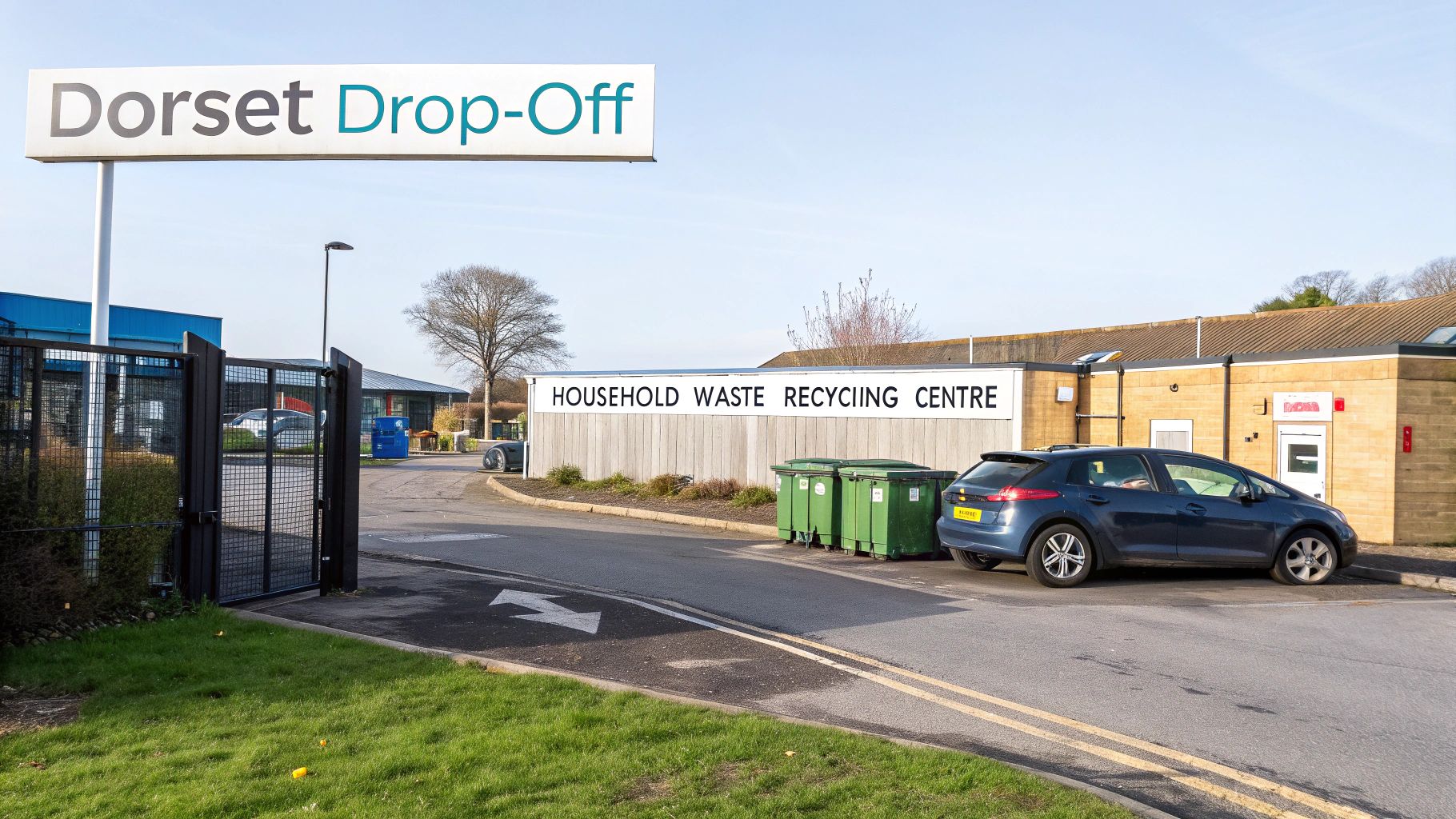 Entrance to a Dorset Household Waste Recycling Centre with a sign, car, and green bins.