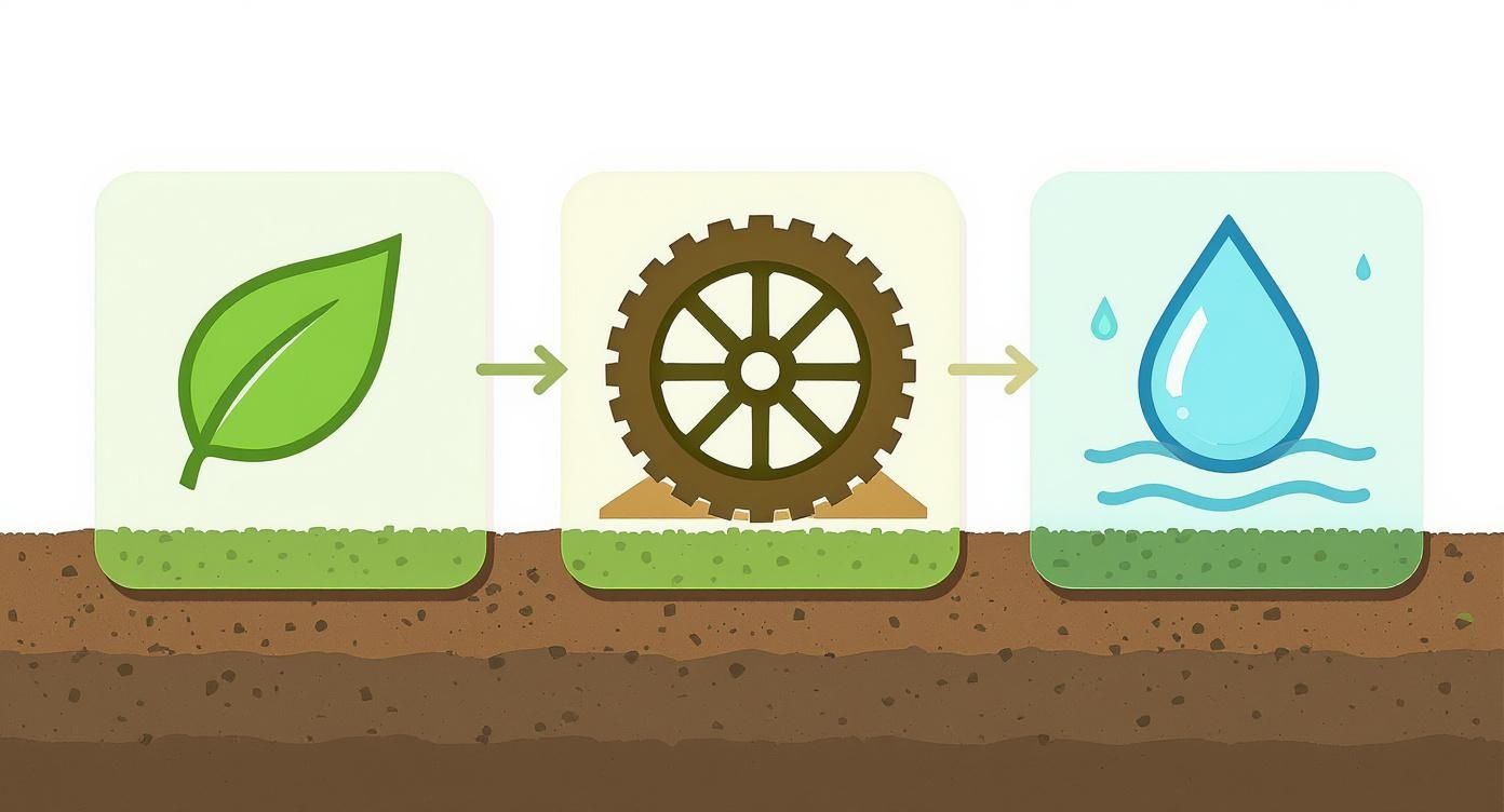 A three-step visual showing a green leaf, a brown gear, and a blue water drop, symbolizing an ecological process.