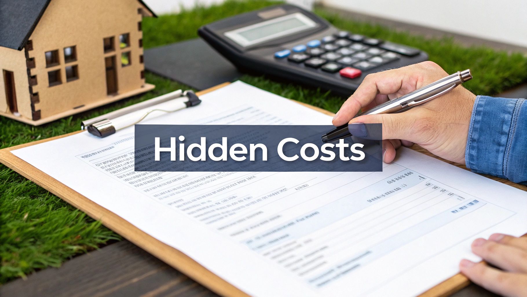 A hand with a pen over a document, a house model, and a calculator, with "Hidden Costs" overlay.