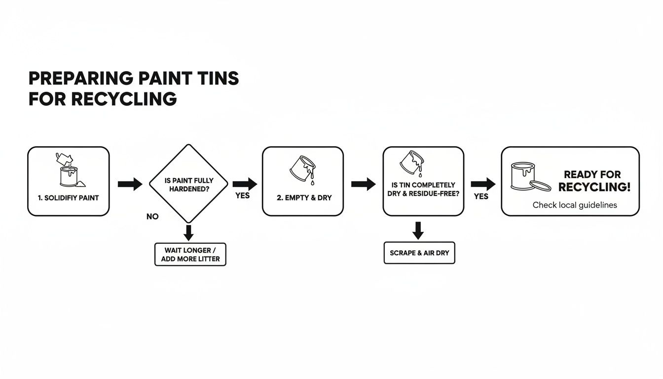 Flowchart illustrating the steps to prepare paint tins for recycling, from solidification to drying.
