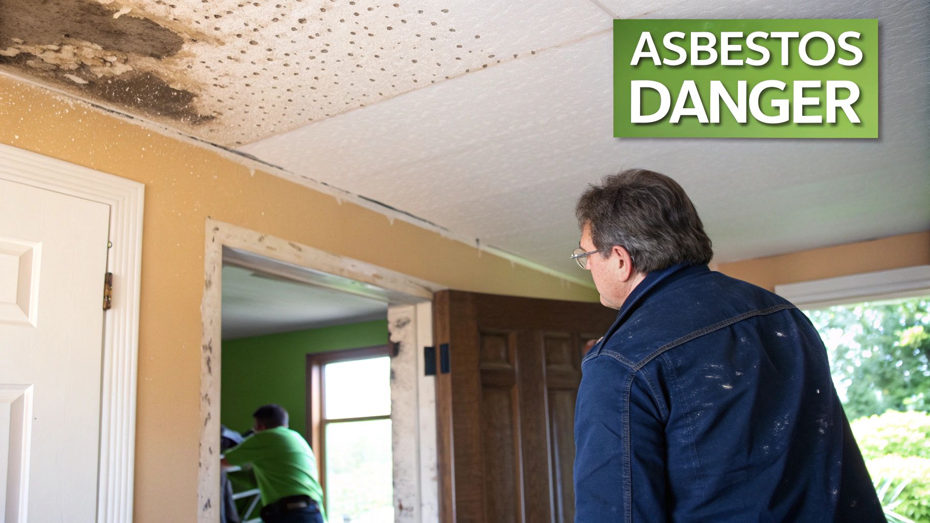 A person in full protective gear carefully removing asbestos material from a wall.