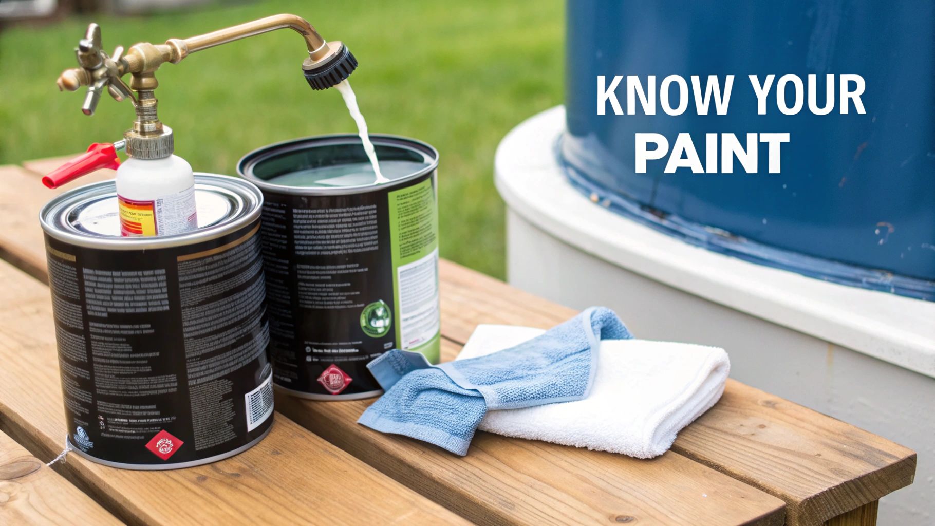 A brass device dispenses paint into an open can, next to another paint can and cleaning towels.
