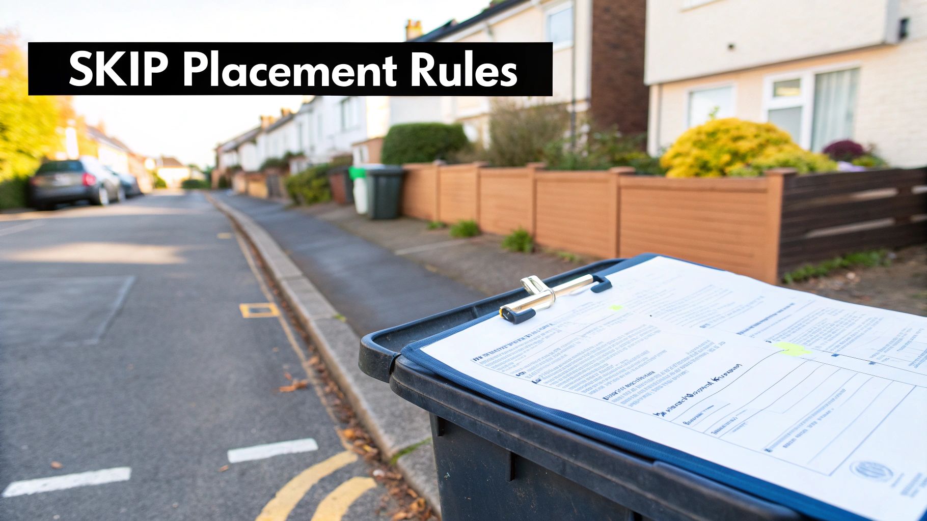 Residential street view with houses, cars, a clipboard on a bin, and a 'SKIP Placement Rules' sign.