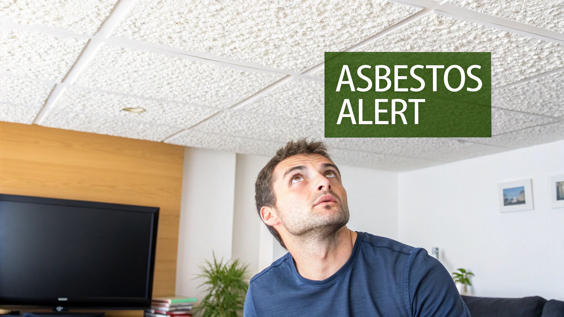 Man looking up at damaged asbestos ceiling tiles with alert warning sign displayed