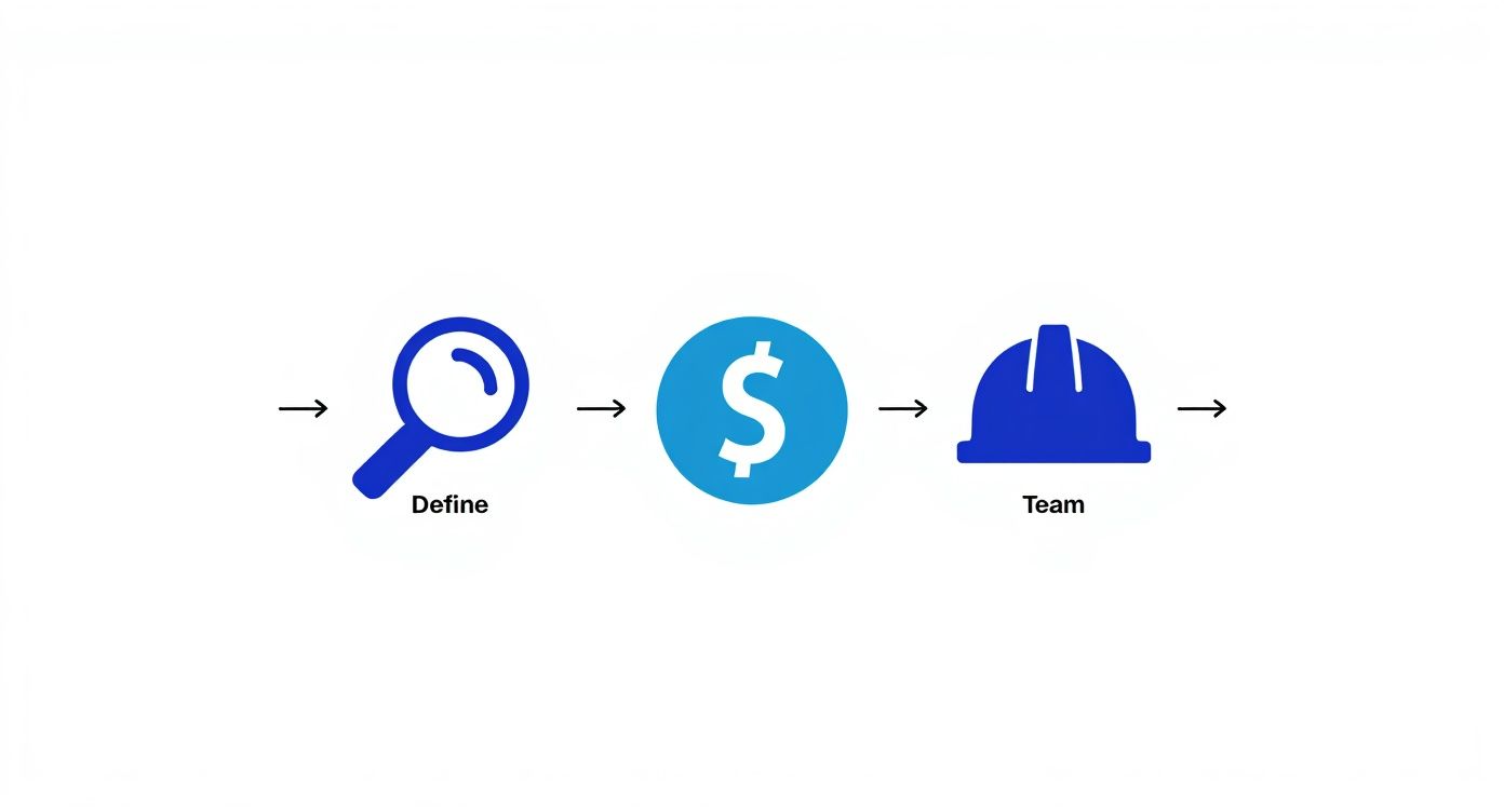 Project workflow diagram showing four stages: define with magnifying glass, budget with dollar sign, team with hard hat