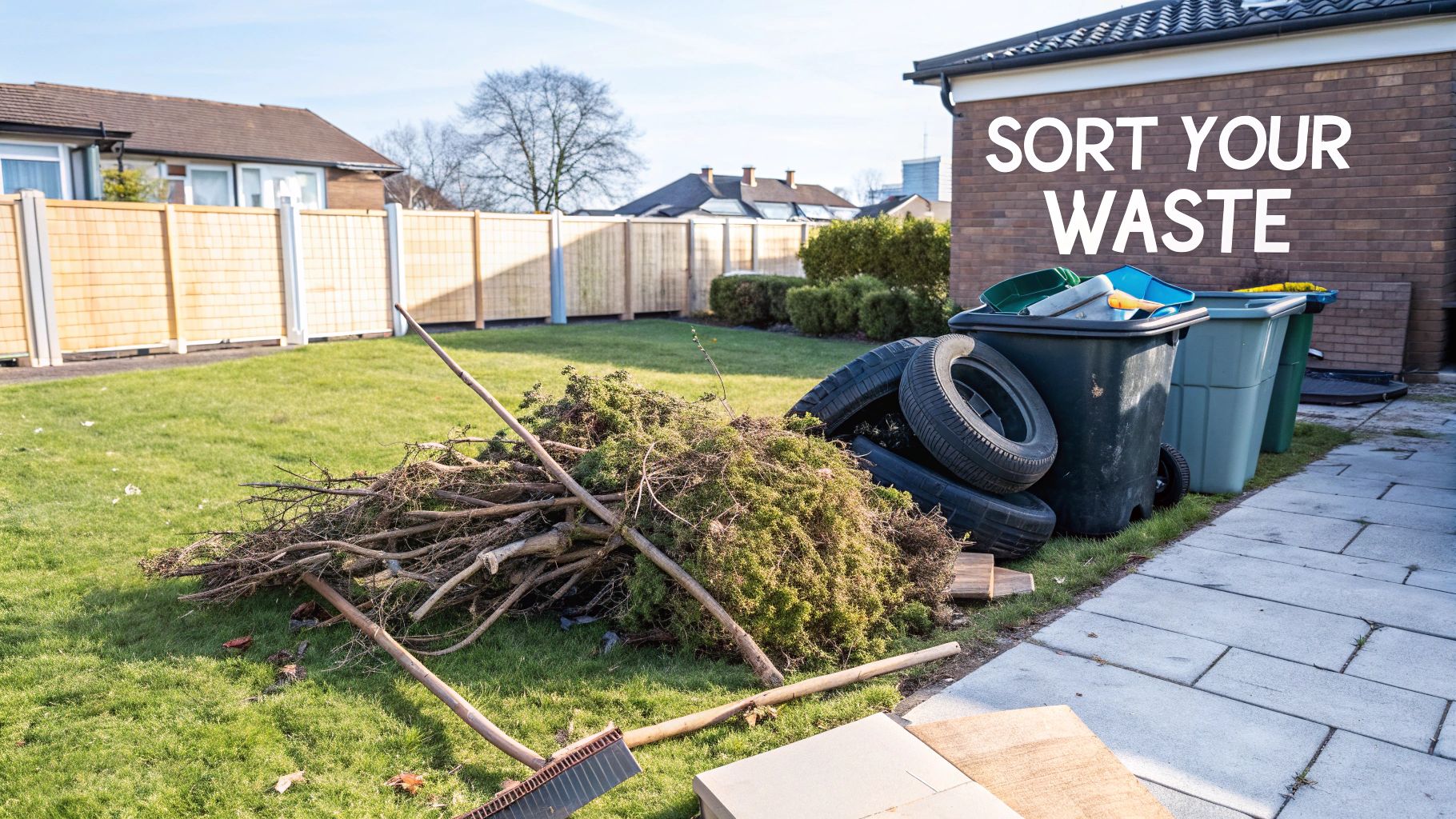 A pile of garden waste, old tires, and bins on a lawn with 'SORT YOUR WASTE' text, emphasizing proper disposal.