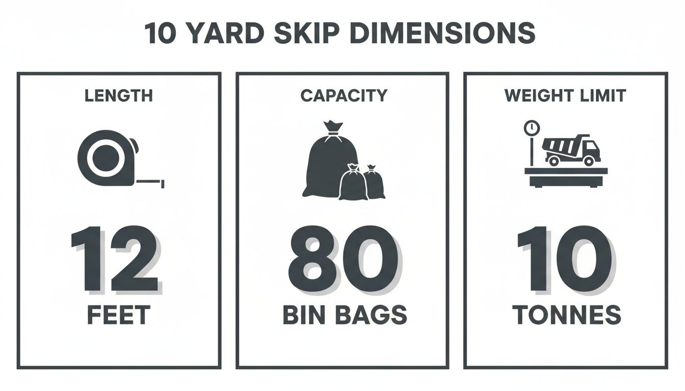 Infographic detailing 10 yard skip dimensions: 12 feet length, 80 bin bags capacity, and 10 tonnes weight limit.
