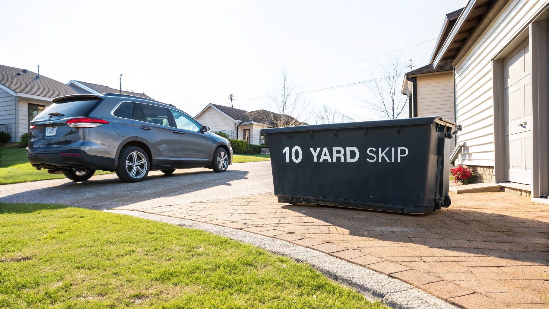 A grey SUV is parked on a driveway beside a black 10-yard skip in a residential area.