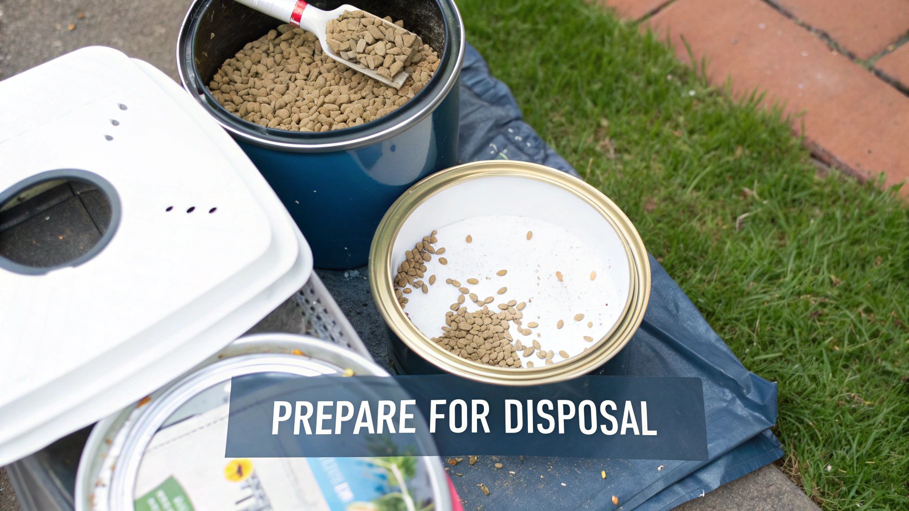 A person solidifying old paint in a tin with cat litter, preparing it for disposal.
