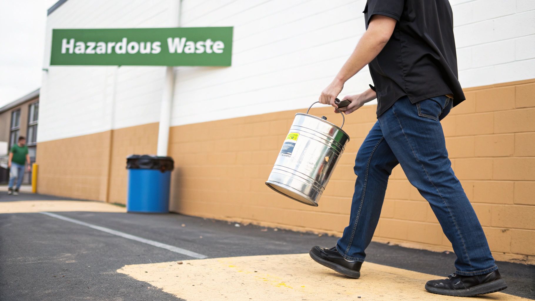 Several tins of oil-based paint and solvents waiting for proper hazardous waste disposal.