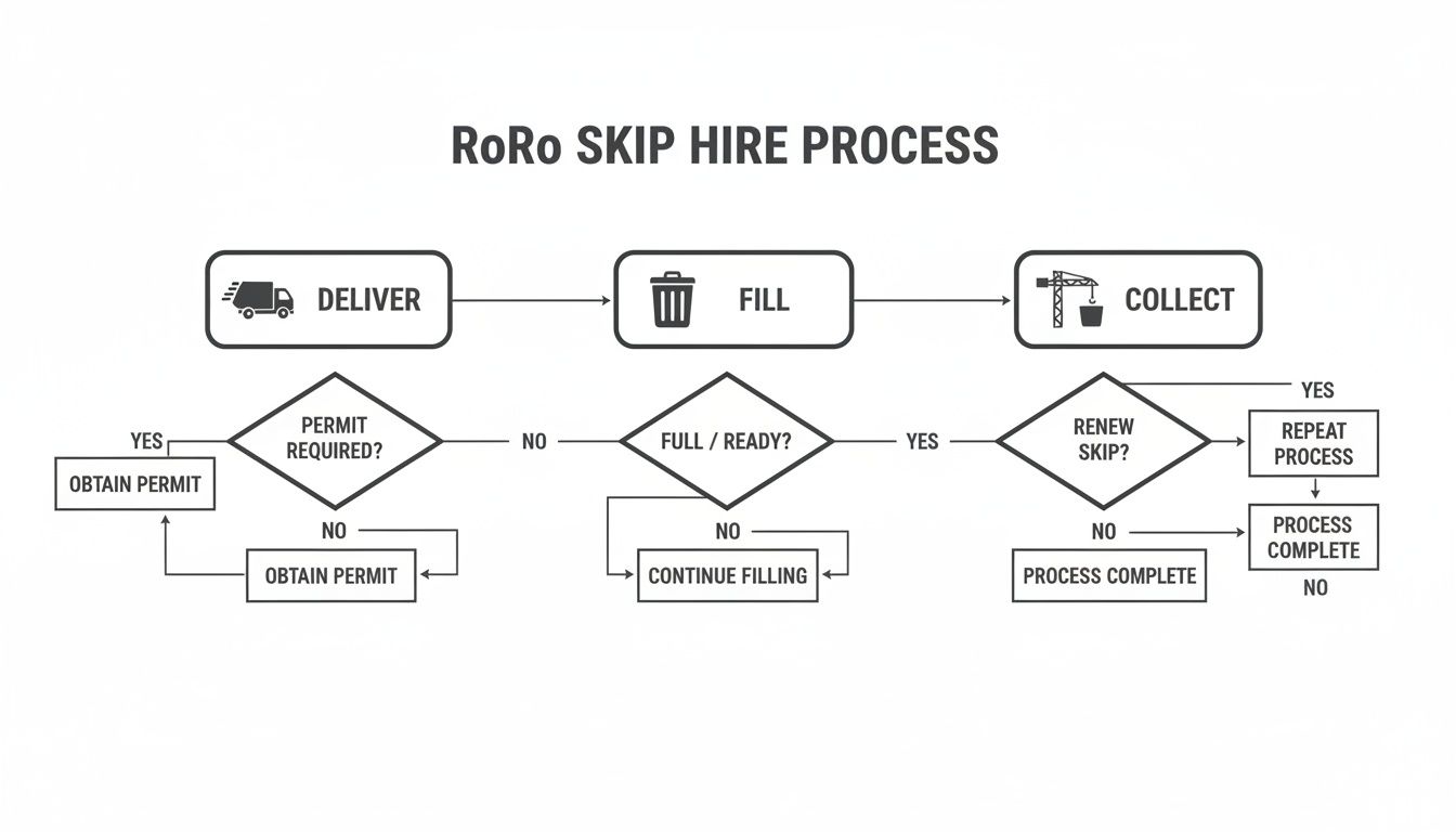 A detailed flowchart illustrating the RoRo skip hire process, from delivery and filling to collection.