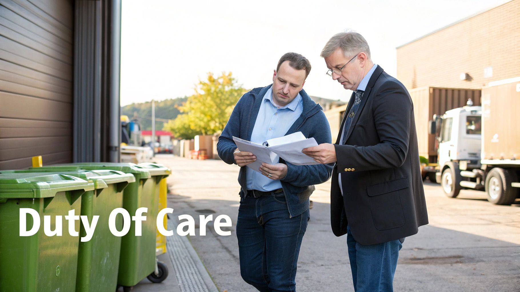 Two men discuss documents near commercial waste bins, emphasizing duty of care.