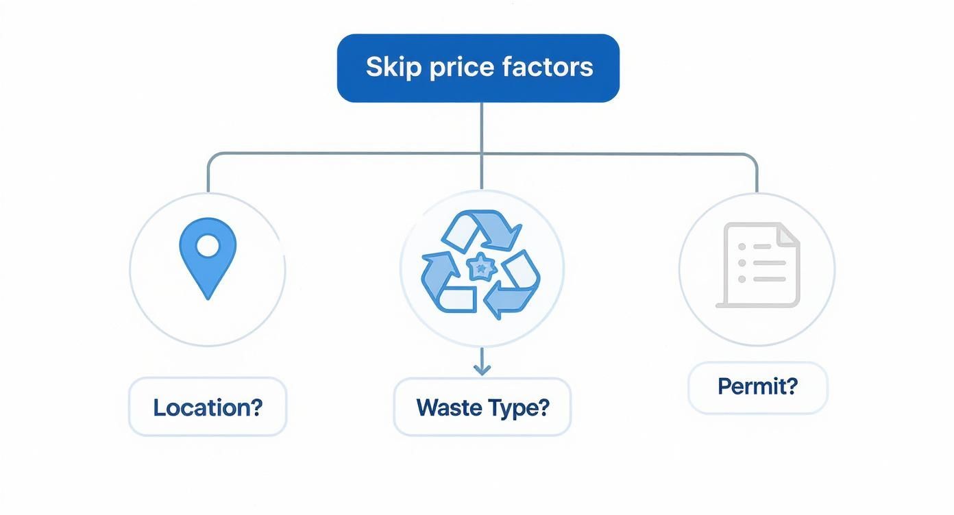 Diagram illustrating the key factors influencing skip prices: location, waste type, and permit.
