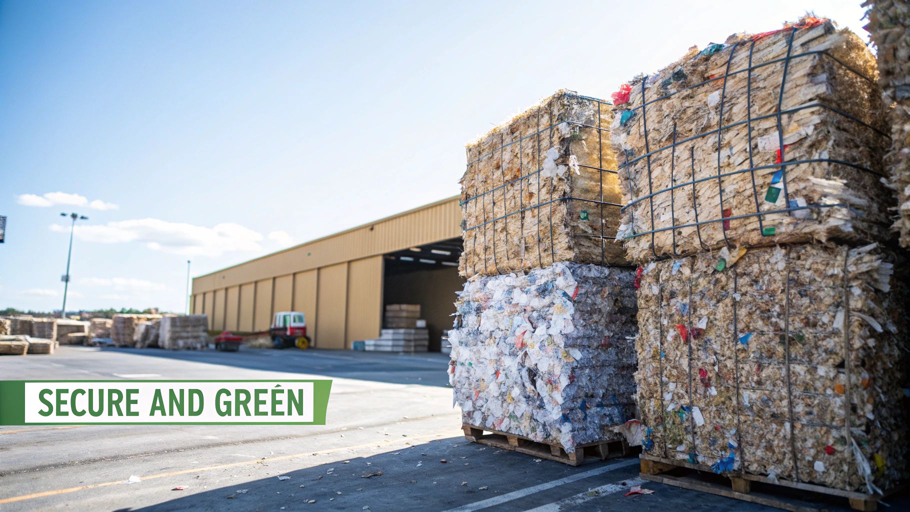 Bales of compressed recycled paper and plastic materials outside an industrial facility under a blue sky.