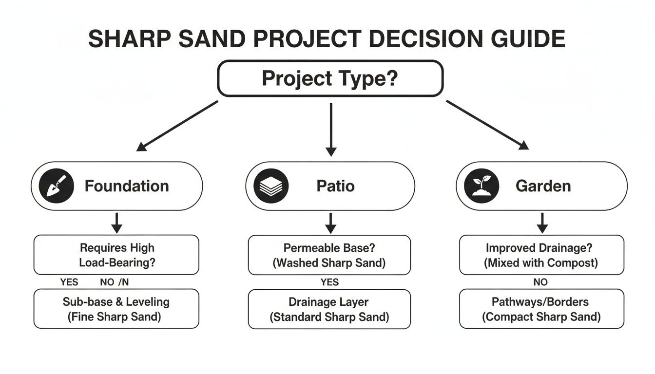 Decision guide explaining sharp sand uses for foundation, patio, and garden based on project needs.