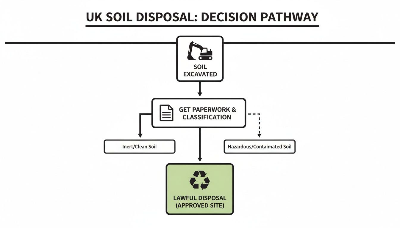 Flowchart outlining the UK soil disposal decision pathway, from excavation to classification and lawful disposal.