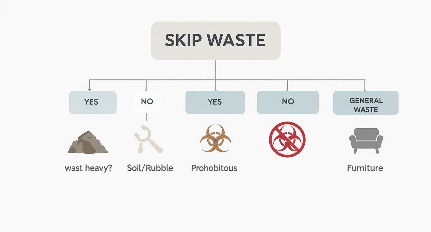 An infographic decision tree showing what waste is suitable for a skip.