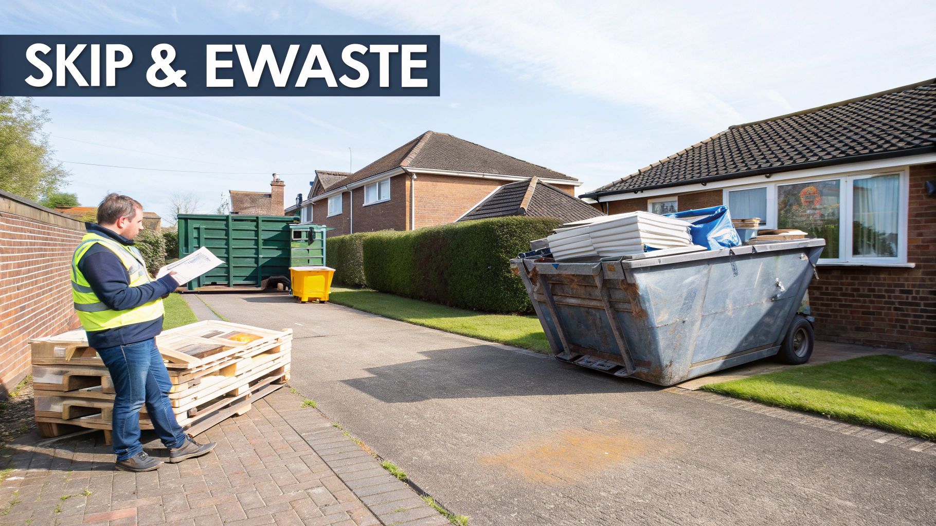 Waste management worker examining paperwork next to skips and pallets in a sunny neighborhood.
