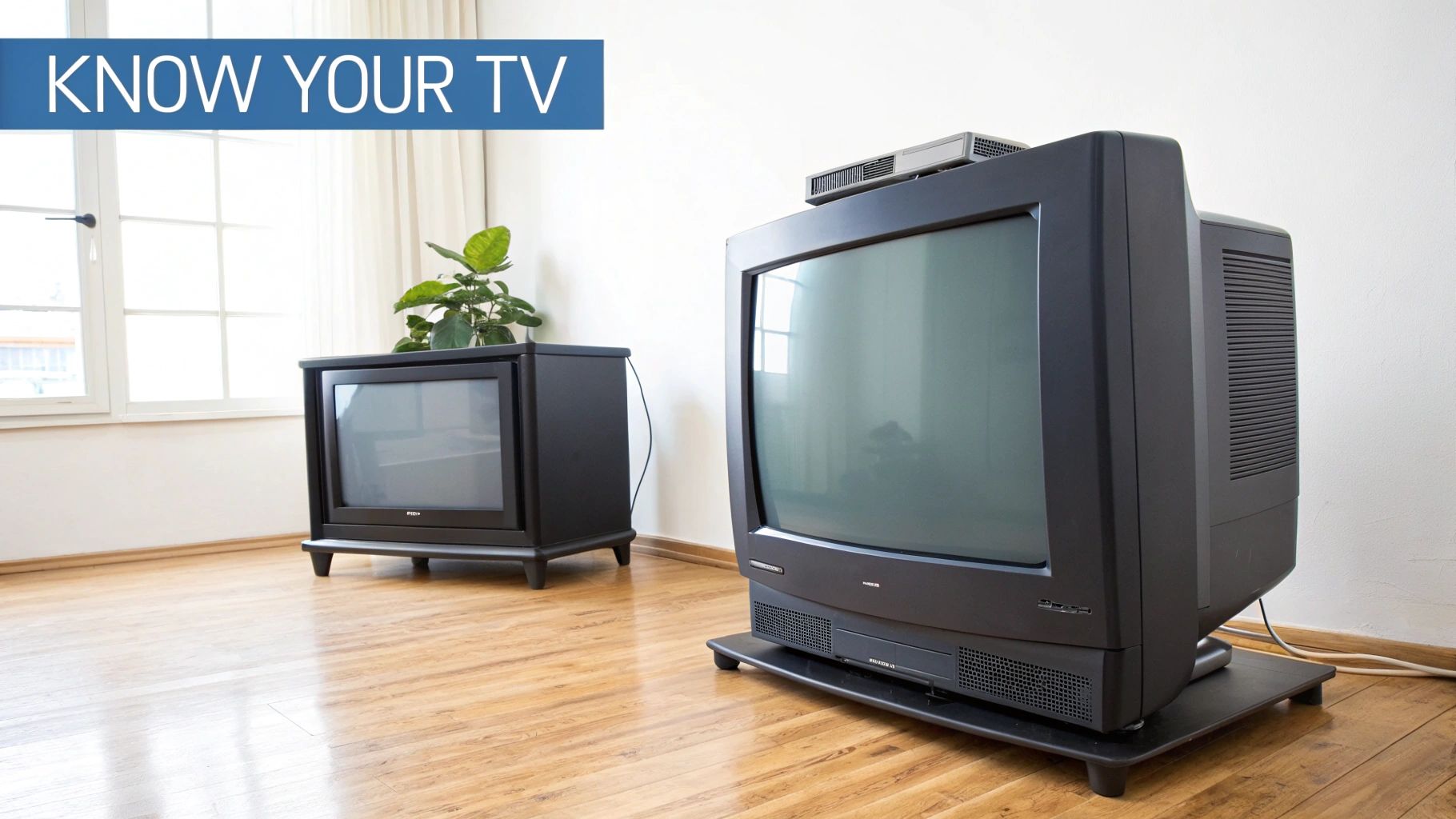 Two old CRT cathode ray tube televisions on wooden floor in empty room ready for recycling