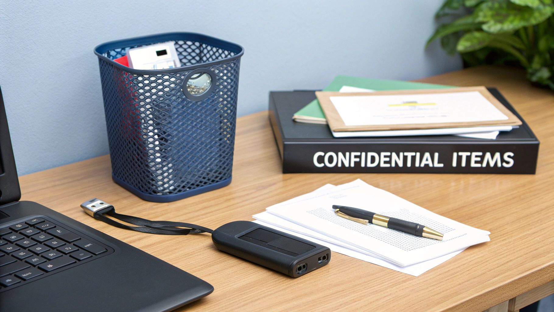 An office desk with a laptop, wastebasket, confidential items box, papers, and pen.