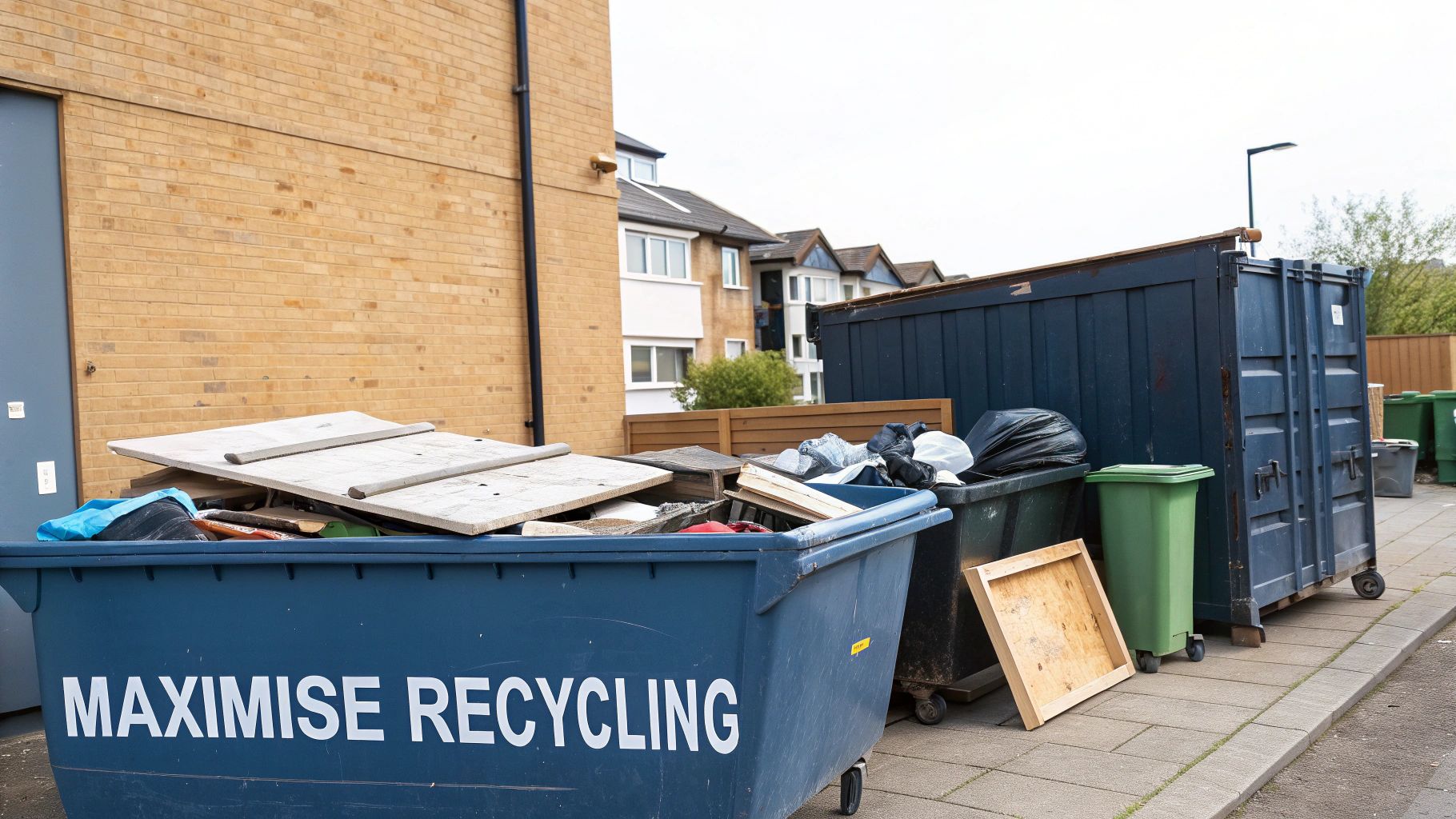 Several large waste containers, including a blue skip labeled 'MAXIMISE RECYCLING', overflowing with rubbish in an urban setting.
