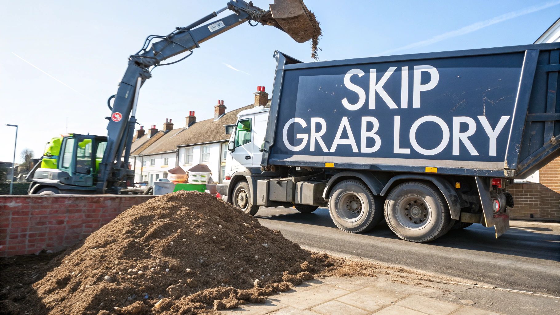 An excavator loading a pile of soil into a 'SKIP GRAB LORY' truck on a sunny day.
