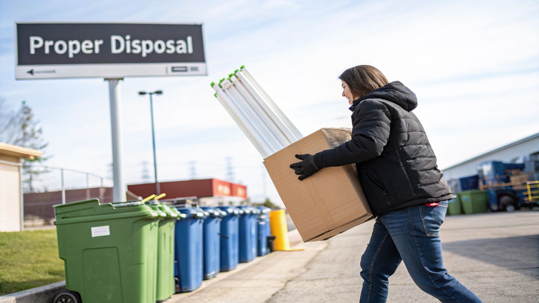 Woman in a black jacket carrying a box of fluorescent tubes for proper disposal.